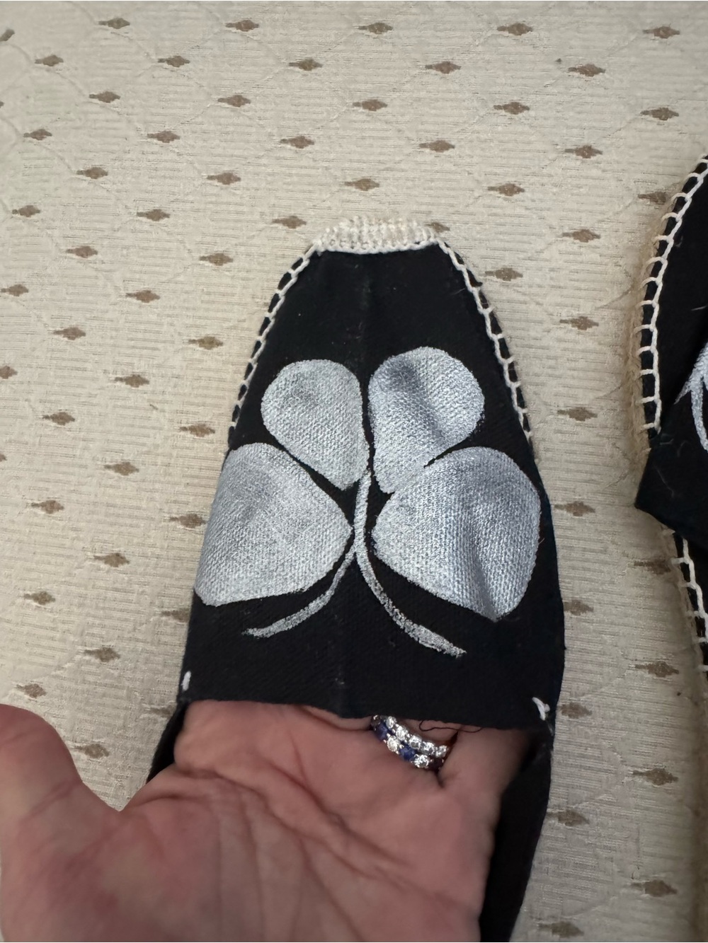 Black Slip-On Espadrilles with Silver Clover Motif made in Spain